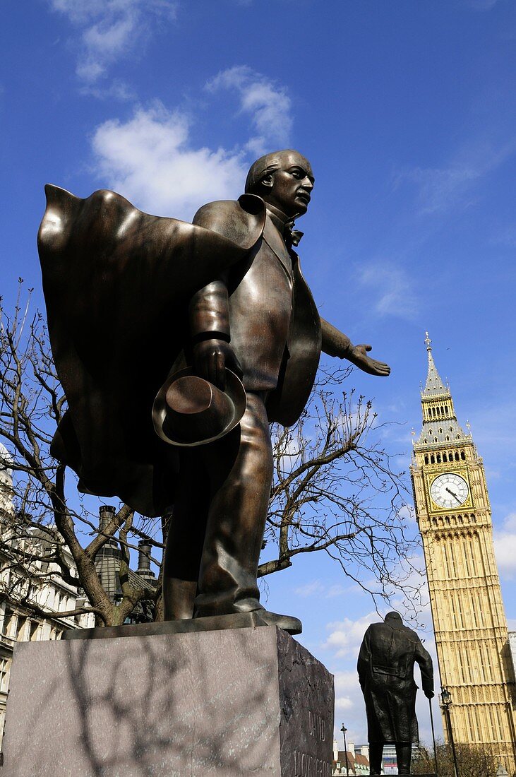 Statues of David Lloyd George and Sir Winston Churchill with Big Ben, Parliament Square, Westminster, London, England, UK