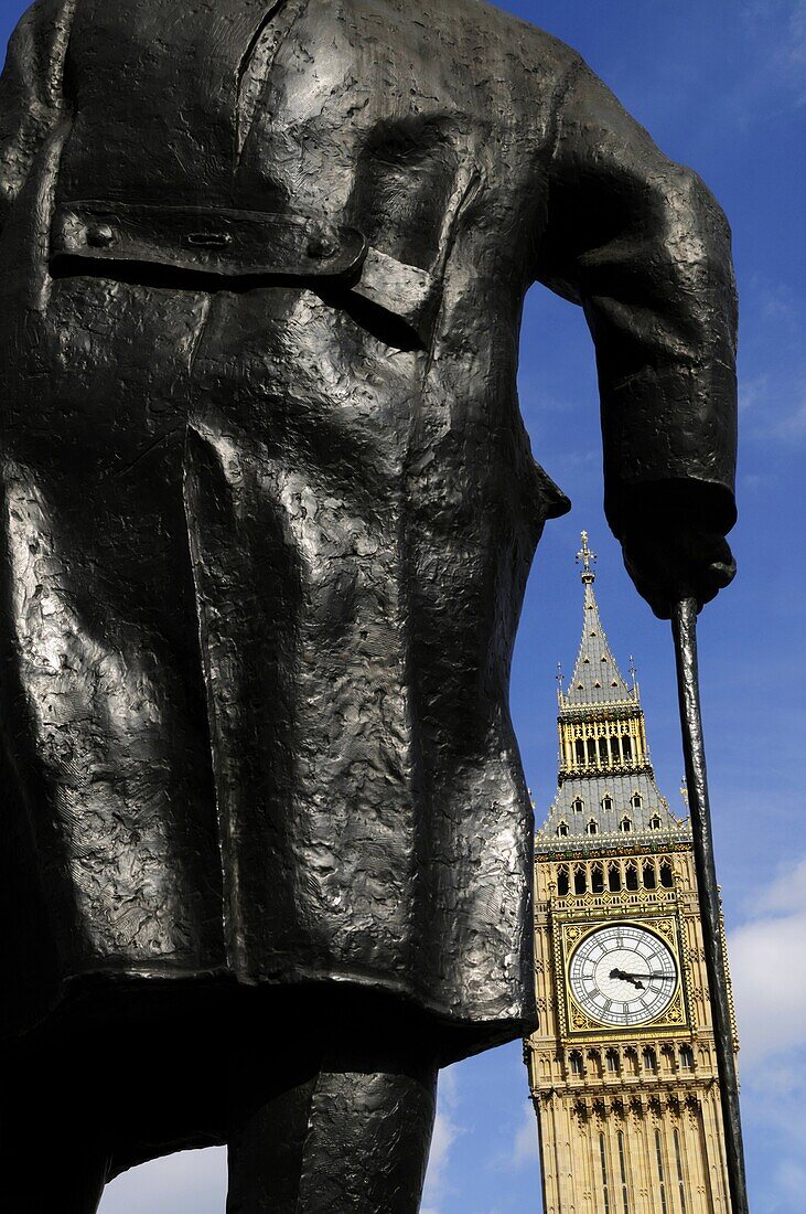 Statue of Sir Winston Churchill and Big Ben, Parliament square, London, England, UK