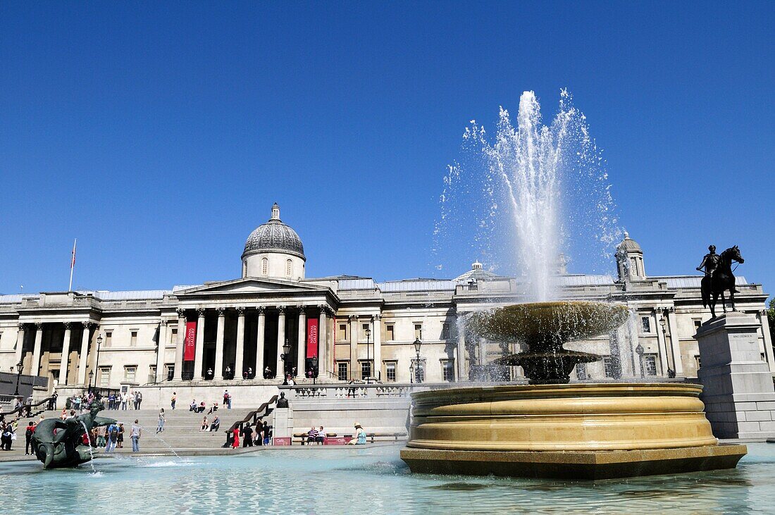 Trafalgar Square fountains and The National Gallery, London, England, UK