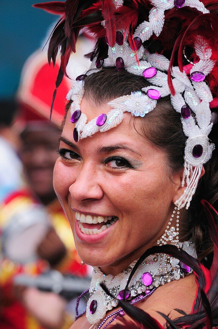 Portrait of a Dancer at The Carnaval del Pueblo Latin American Festival, London, England, UK