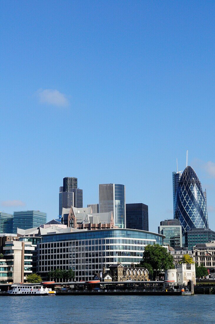 View of City of London buildings from Tower Bridge, London, England, UK