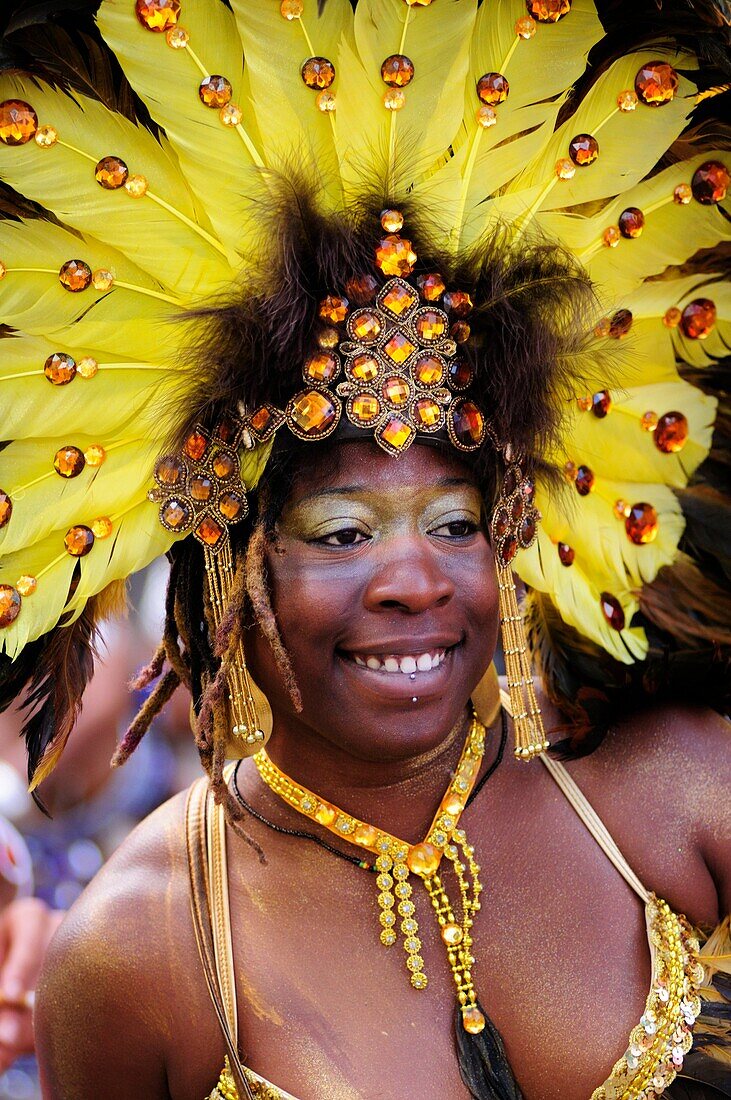 Portrait of a dancer at the Notting hill Carnival, London, England, UK