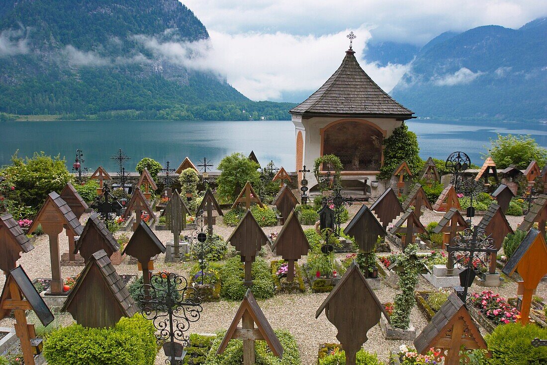 Cemetery overlooking Hallstatt lake in Hallstatt village Salzkammergut, Austria