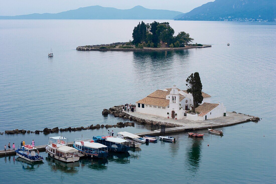 Vlacherna convent with Pontikonissi island at the background Corfu, Greece