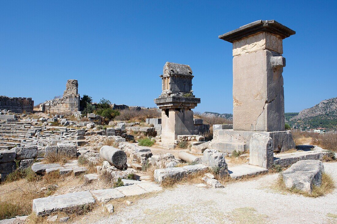 The Harpy Tomb right and Lycian Tower Tomb left in Xanthos, an ancient Lycian city in the South West of modern Turkey