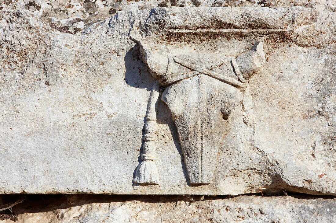 Relief on a fallen stone block in Letoon, an ancient Lycian city South-Western Turkey