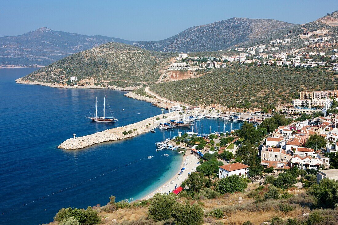 Elevated view of Kalkan town and marina Province of Antalya, Turkey