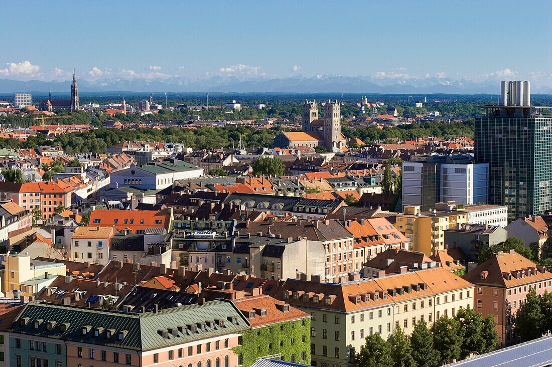 Aerial view from the tower of St Peter church over the central Munich, Germany