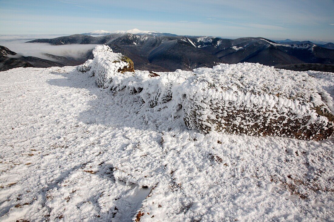 Appalachain Trail - Rime ice on the summit of Mount Lincoln during the winter months in the White Mountains, New Hampshire USA
