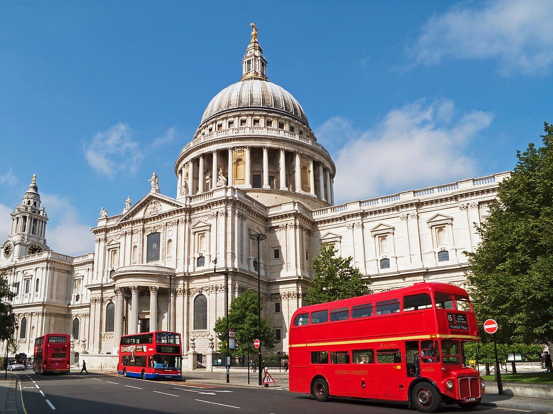 St Paul's Cathedral London, England, UK and Routemaster Red Double Decker Bus