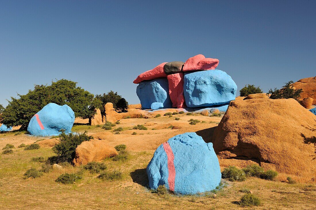 Painting Rocks site, work of the Belgian artist Jean Verame around Tafraout, Anti-Atlas, Morocco, North Africa