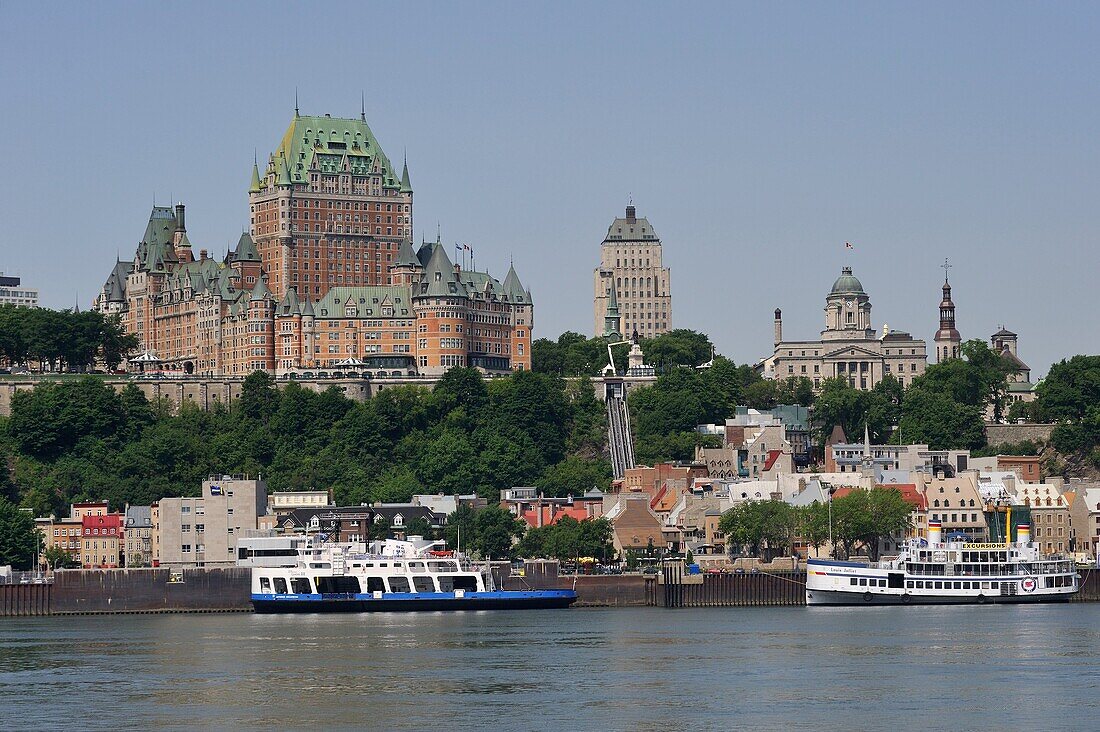 the Old City seen from the ferryboat on the Saint Lawrence River, Quebec city, Province of Quebec, Canada, North America