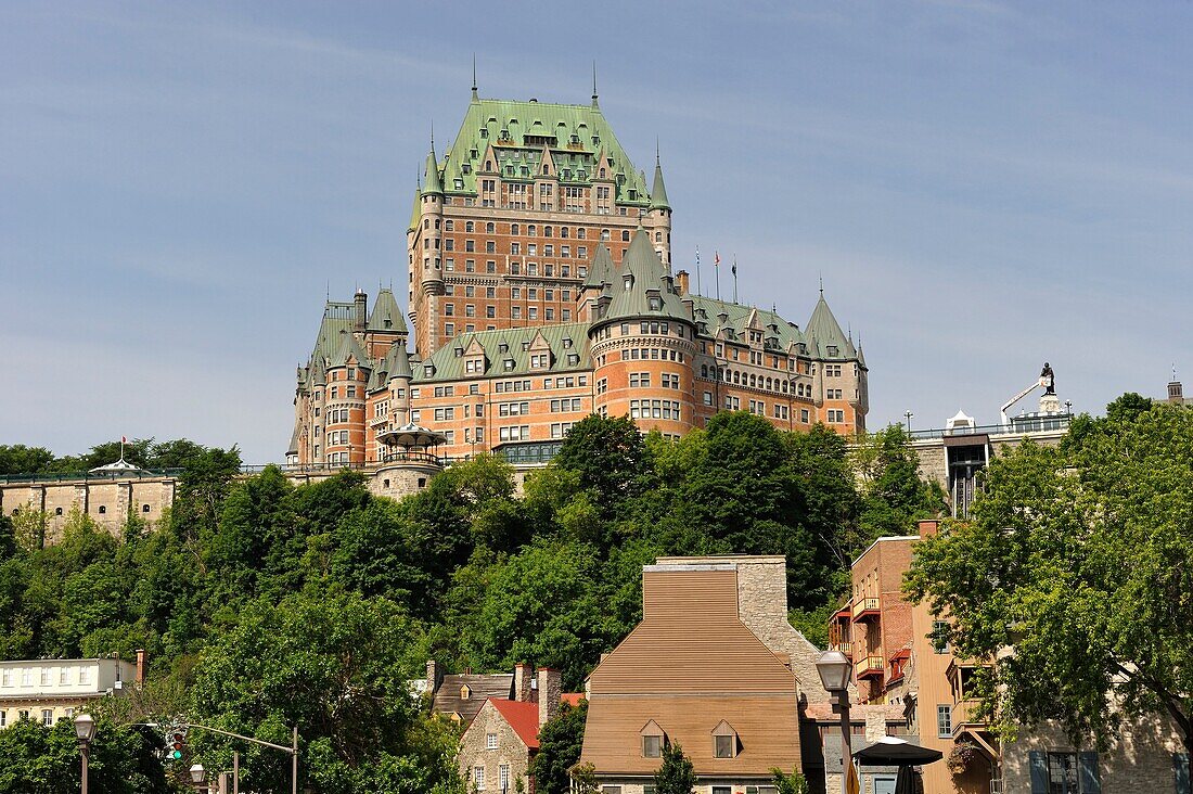 Petit Champlain district with Chateau Frontenac background, Quebec city, Province of Quebec, Canada, North America
