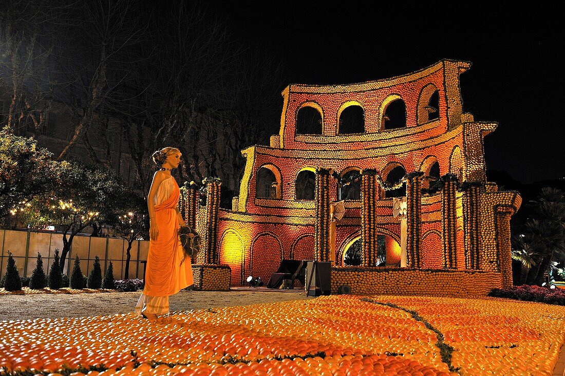 during the festival Fete du Citron, huge sculptures covered with citrus fruits are shown in the Bioves Garden, Menton, French Riviera, Alpes-MaritimesMaritime Alps, France