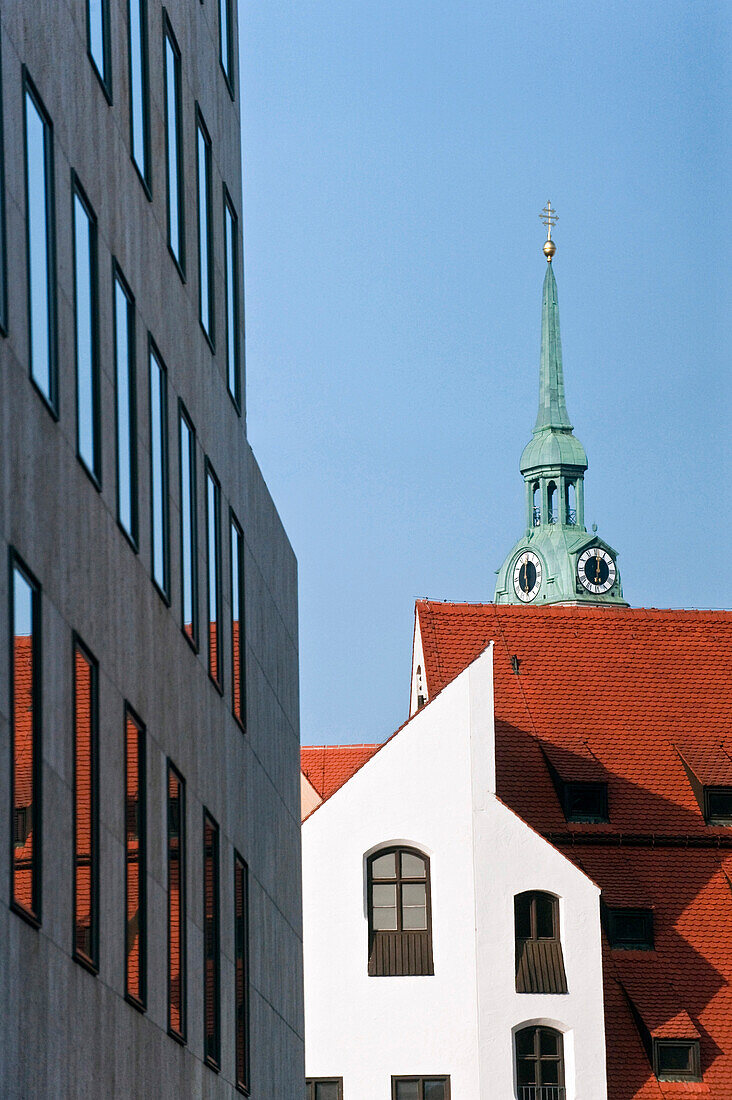 The Munich Stadtmuseum and clock tower of St. Peters Cathedral, St Jakob square, Munich, Upper Bavaria, Bavaria, Germany