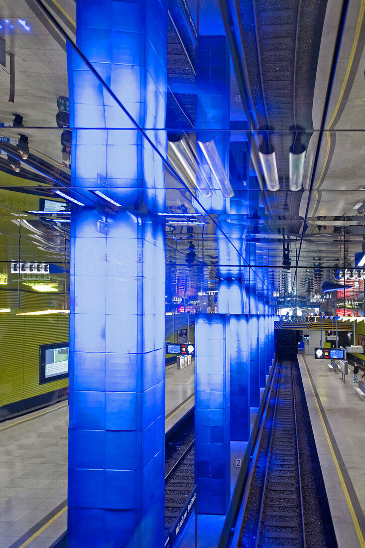 Münchner Freiheit, Light designer Ingo Mauer,  Undeground Station at night, Munich, Upper Bavaria, Bavaria, Germany