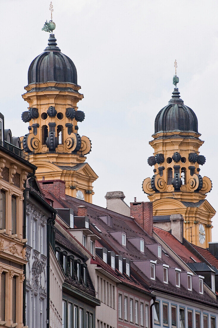 Two towers of the Theatinerkirche in the Odeonsplatz, Munich, architekt Agostino Barelli, Upper Bavaria, Bavaria, Germany