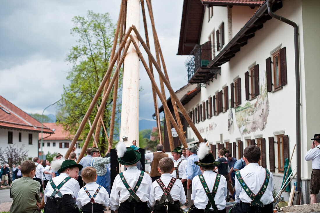 Boys in traditional bavarian clothes, Erection of Maypole, Maypole celebration, Sindelsdorf, Weilheim-Schongau, Bavarian Oberland, Upper Bavaria, Bavaria, Germany