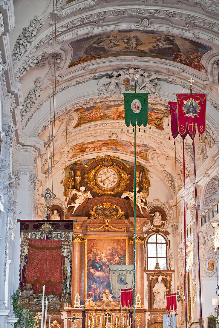 Interior decoration of a curch and flaggs of the Corpus Christi procession, Benediktbeuern, Alpine foreland, Upper Bavaria, Bavaria, Germany