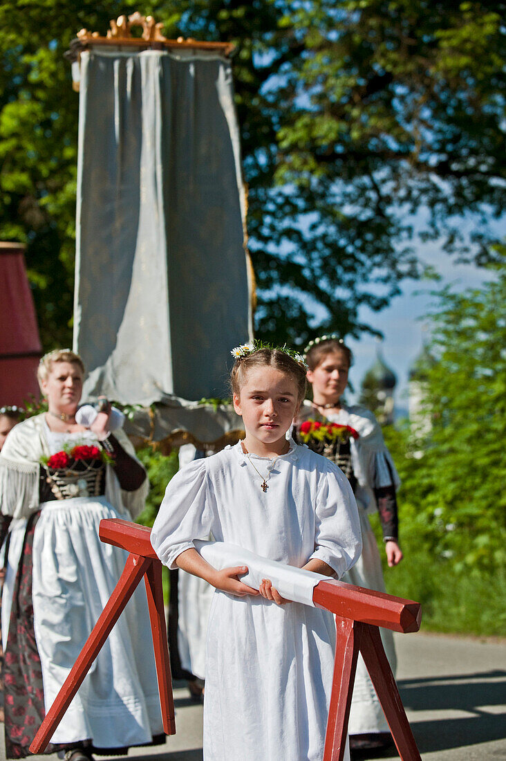 Girl in a white robe, Corpus Christi procession, Benediktbeuern, Alpine foreland, Upper Bavaria, Bavaria, Germany