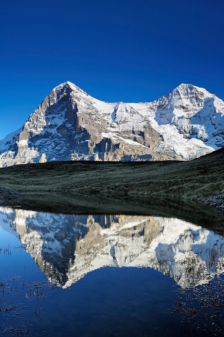 Eiger and Moench reflecting in lake, Kleine Scheidegg, Grindelwald, UNESCO World Heritage Site Swiss Alps Jungfrau - Aletsch, Bernese Oberland, Bern, Switzerland, Europe