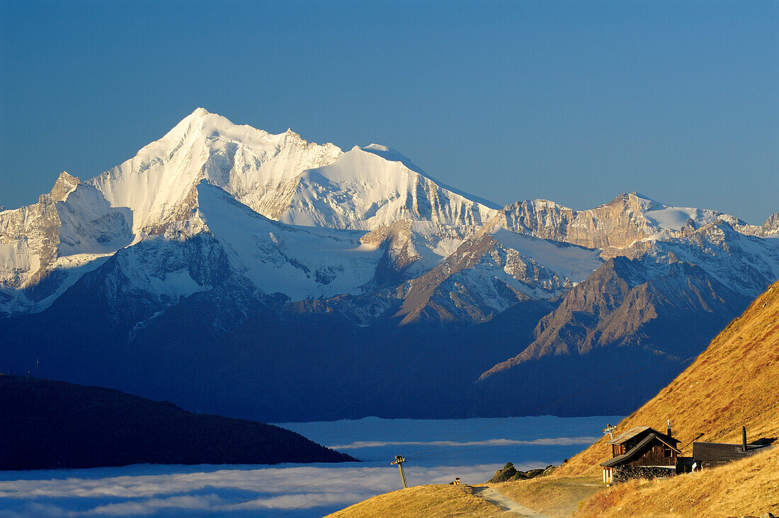 Weisshorn above sea of fog in valley of Rhone, Kuehboden, Eggishorn, Fiesch, UNESCO World Heritage Site Swiss Alps Jungfrau - Aletsch, Bernese Alps, Valais, Switzerland, Europe