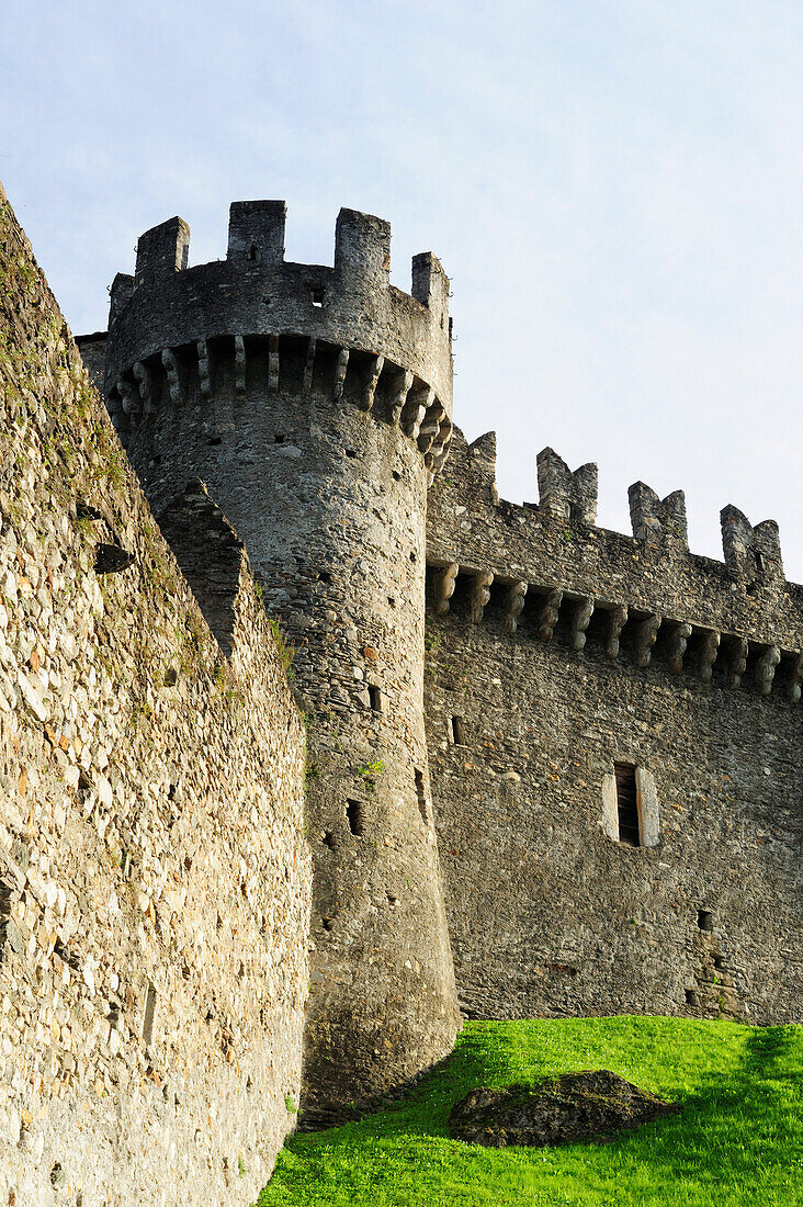 Defense tower with battlement and castle wall, Castle Montebello, Bellinzona, UNESCO World Heritage Site Bellinzona, Ticino, Switzerland, Europe