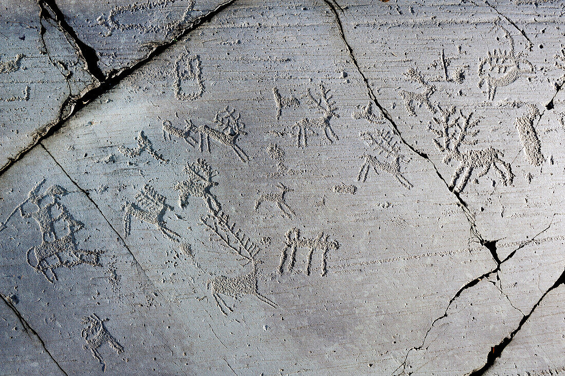 Jagdszenen mit Hirsch, Hund und Jäger, Etruskische Felsritzzeichnung, Eisenzeit, Naquane, Val Camonica, UNESCO Weltkulturerbe Val Camonica, Lombardei, Italien, Europa