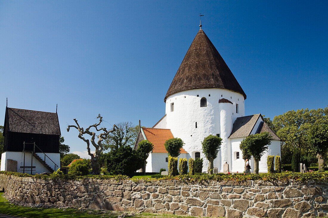 Round church Ols Kirke under blue sky, St. Ols Kirke, Bornholm, Denmark, Europe