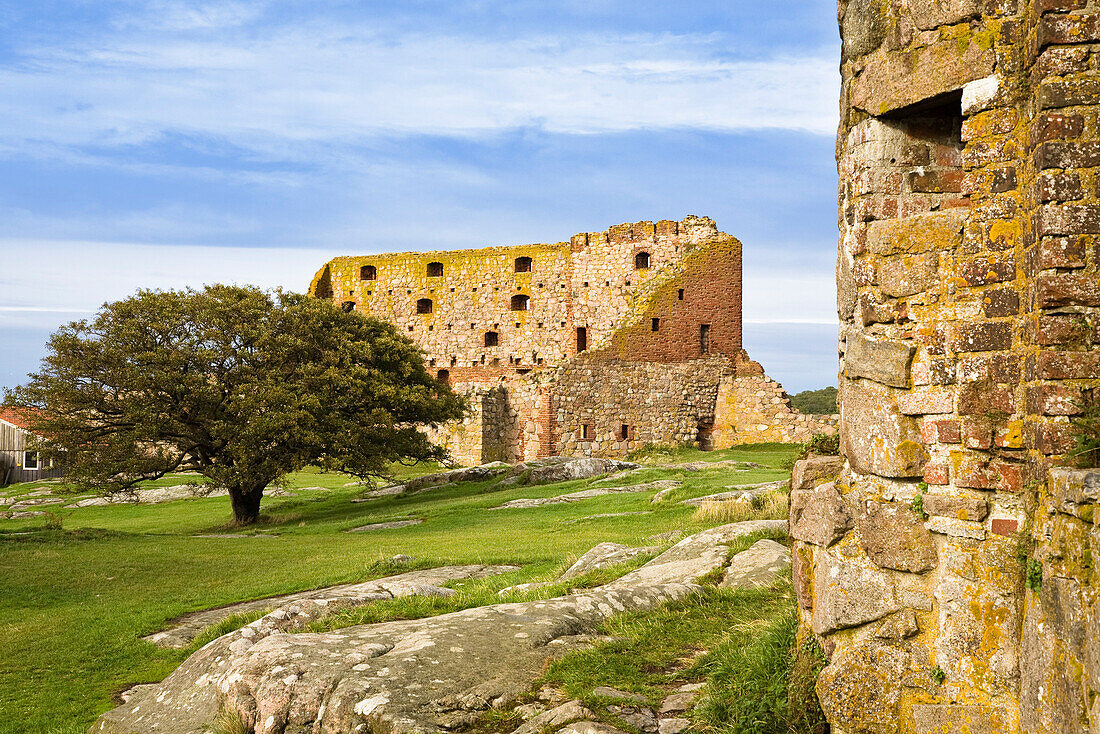 Ruins of the castle Hammershus under clouded sky, Bornholm, Denmark, Europe