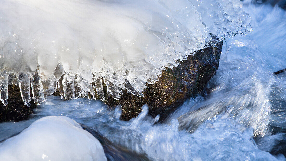 Eiszapfen in Bach, Loisach, Oberbayern, Deutschland, Europa