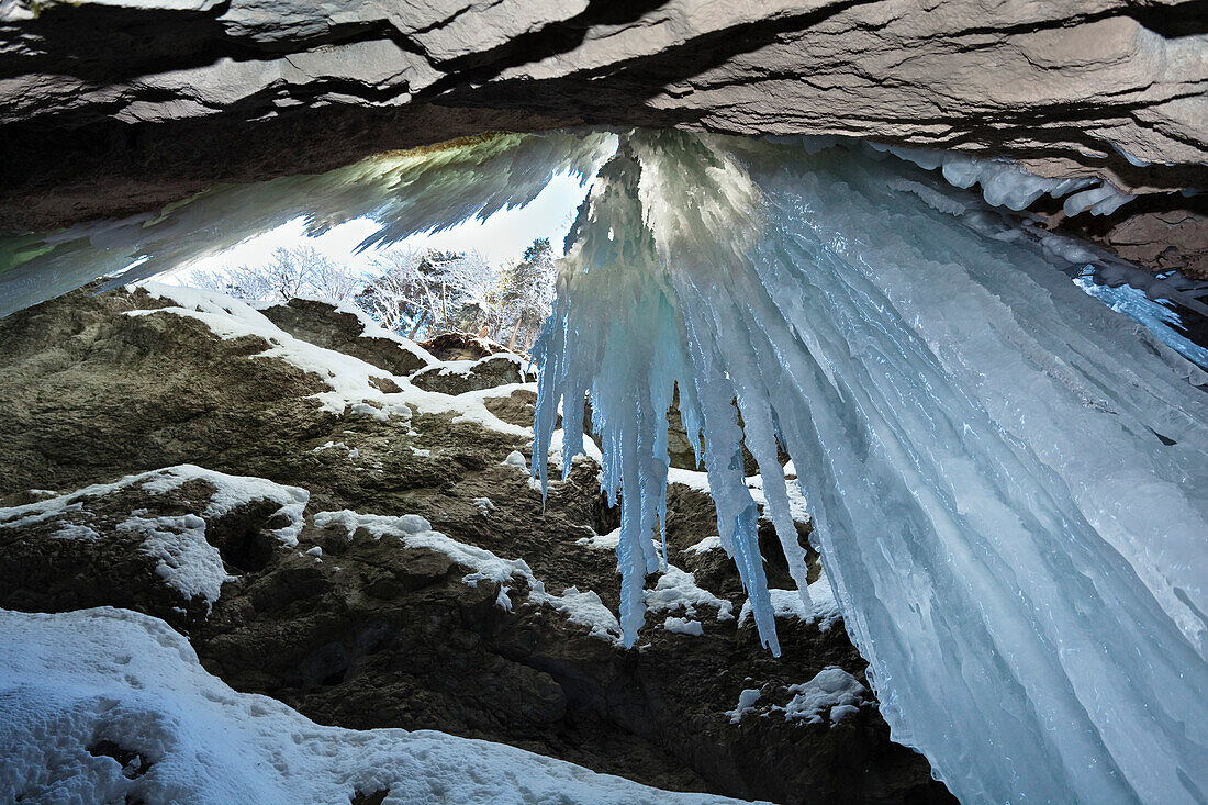 Icicles in Partnachklamm gorge near Garmisch Partenkirchen, Upper Bavaria, Germany, Europe