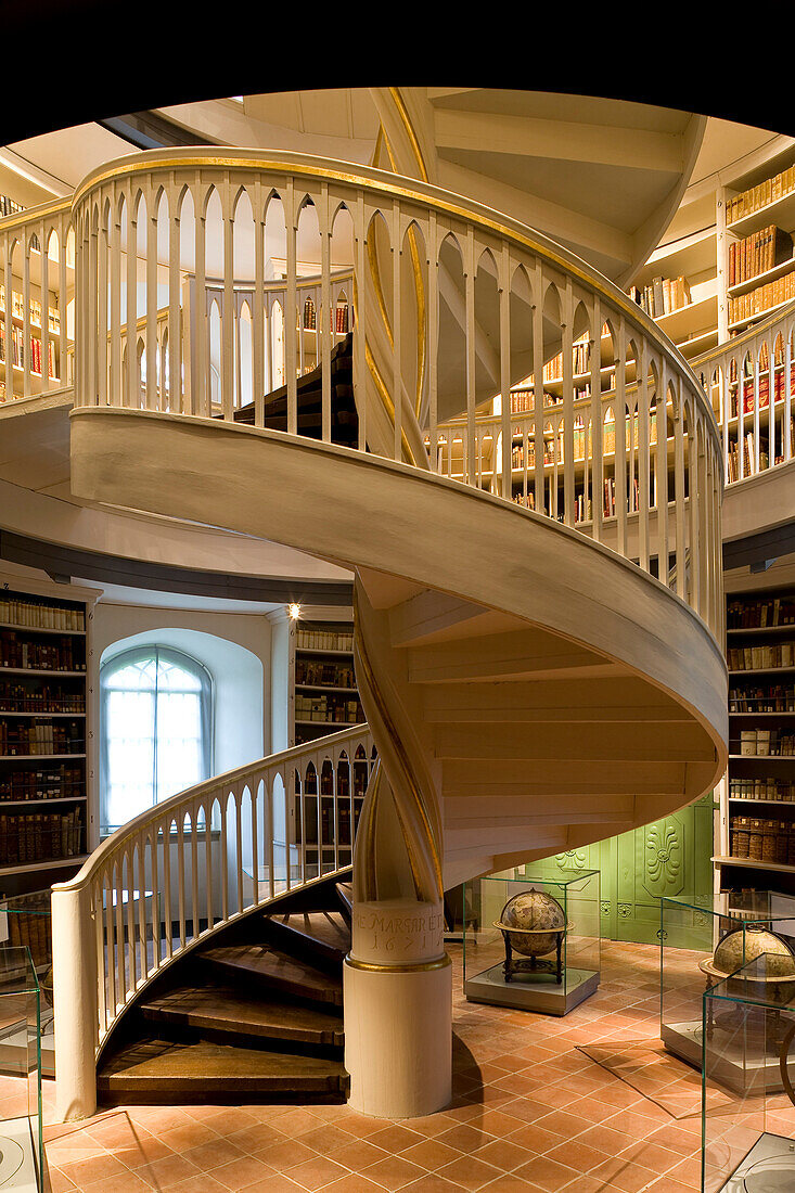 Spiral staircase at book tower of the Duchess Anna Amalia Library, Weimar, Thuringia, Germany, Europe