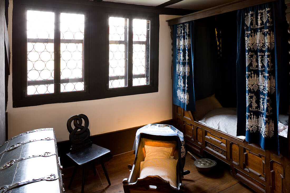 Bedroom at Bachhaus, supposable house of Johann Sebastian Bach's birth, Eisenach, Thuringia, Germany, Europe