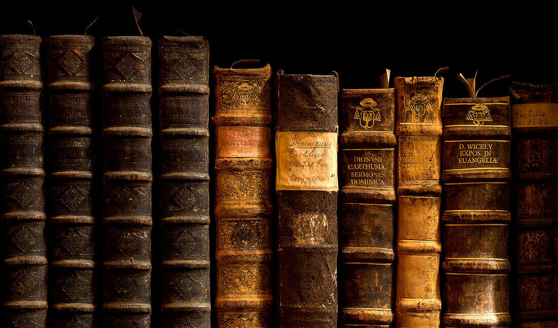 Books at library of St. Nikolaus-Hospitals, Cusanusstift, Bernkastel-Kues, Rhineland-Palatinate, Germany, Europe