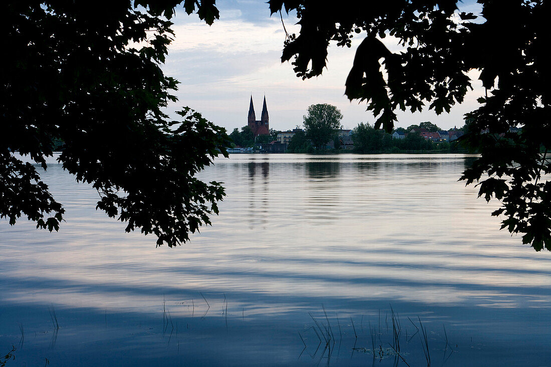 View over lake Ruppiner See at abbey church, Neuruppin, Brandenburg, Germany, Europe