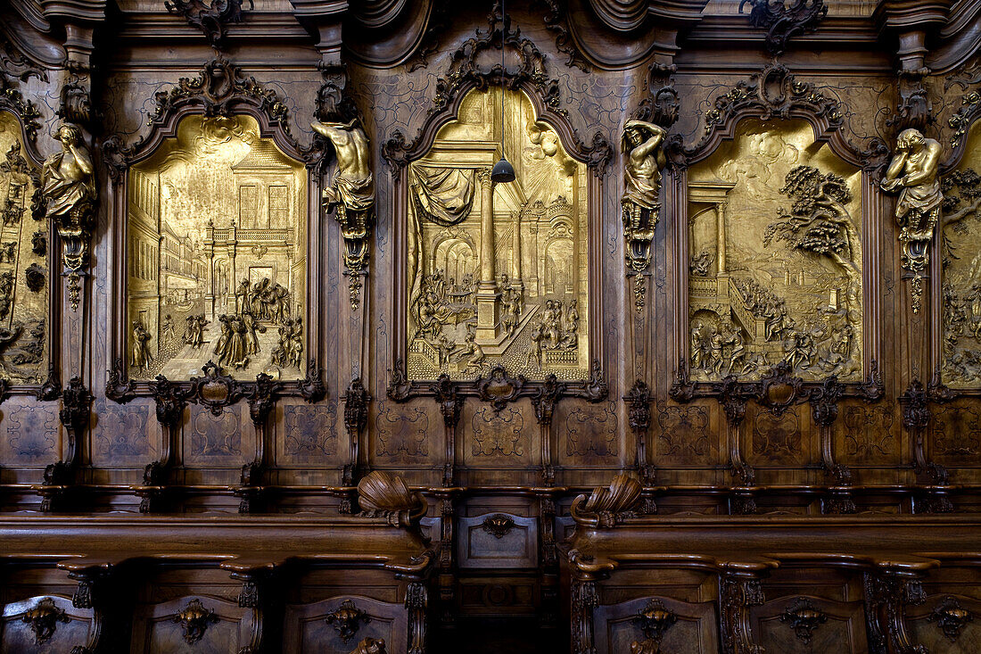 Choir stalls in the Basilica St. Alexander and St. Theodor, Ottobeuren Abbey, Ottobeuren, Bavaria, Germany, Europe