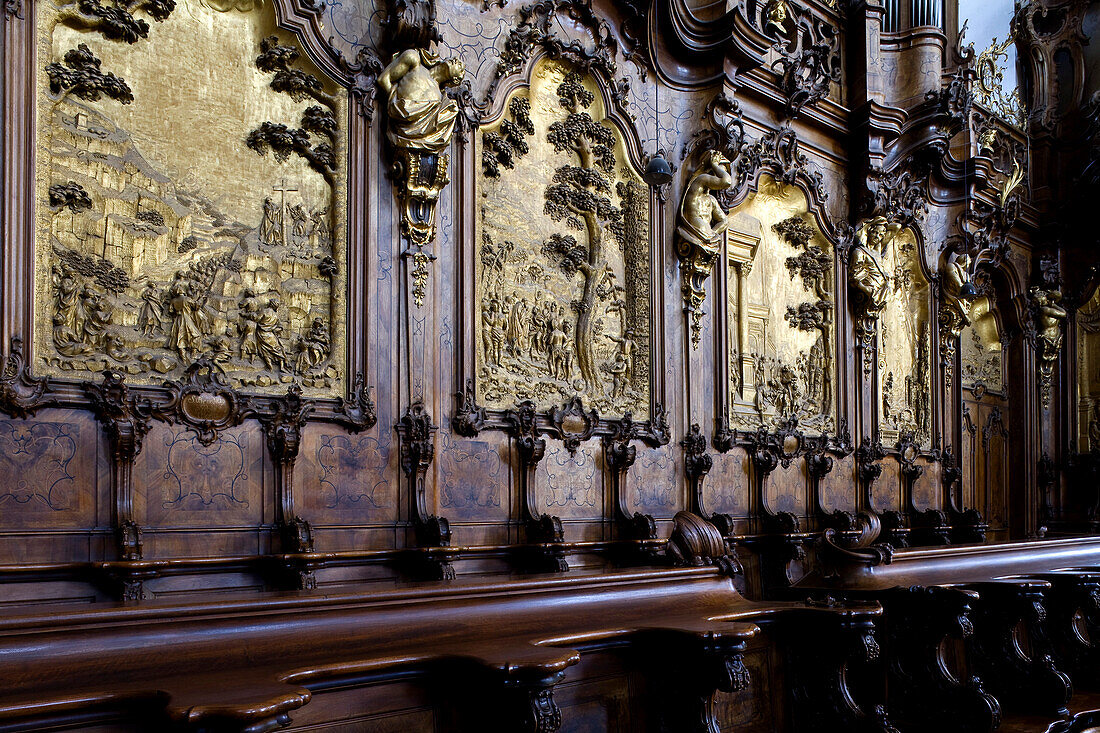 Choir stalls in the Basilica St. Alexander and St. Theodor, Ottobeuren Abbey, Ottobeuren, Bavaria, Germany, Europe