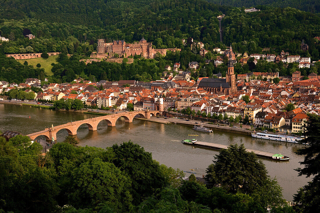 Blick vom Philosophenweg auf die Altstadt mit Schloss, Heiliggeistkirche und Alte Brücke, Heidelberg, Baden-Württemberg, Deutschland, Europa