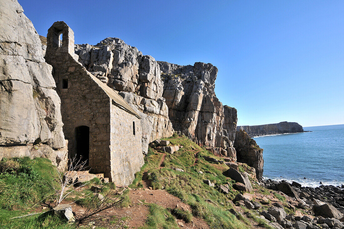 St. Govan's chapel in the Pembrokeshire Coast National Park, Pembrokeshire, south-Wales, Wales, Great Britain