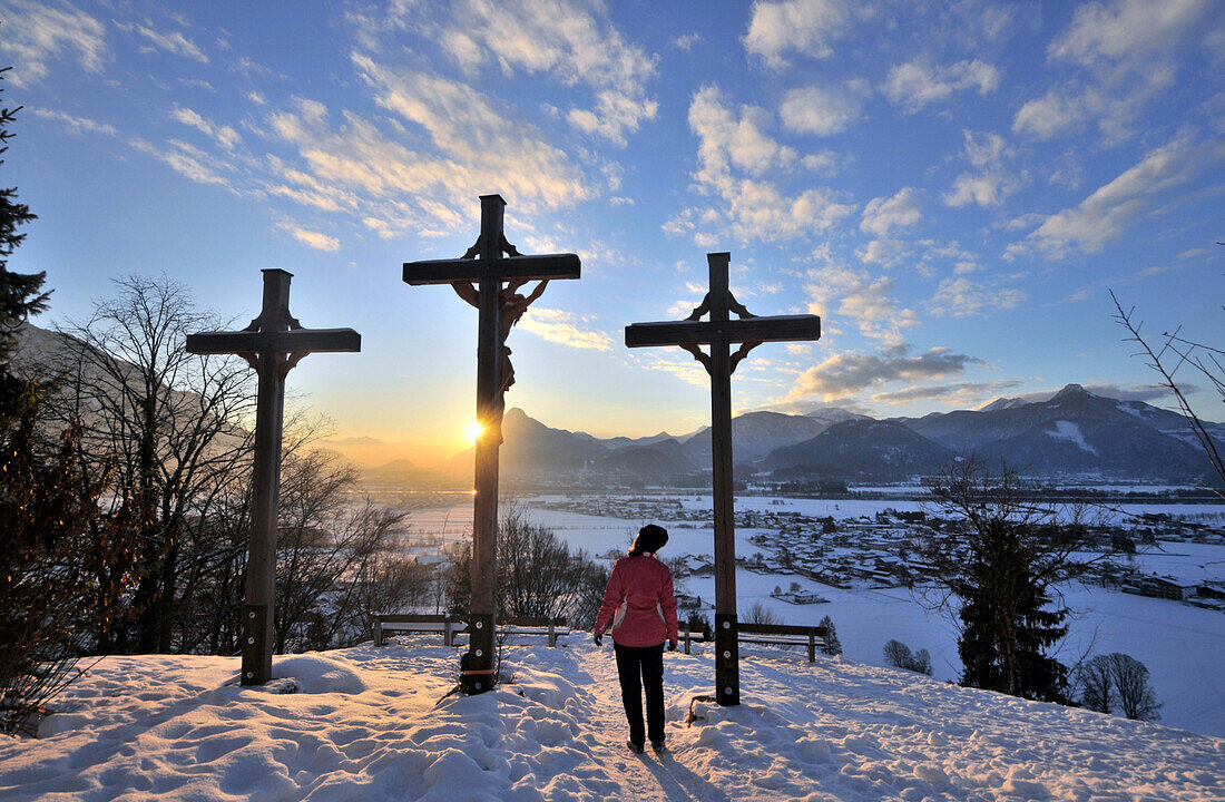 Sunset at St. Nikolaus over Ebbs, Inn river valley, Winter in Tyrol, Austria