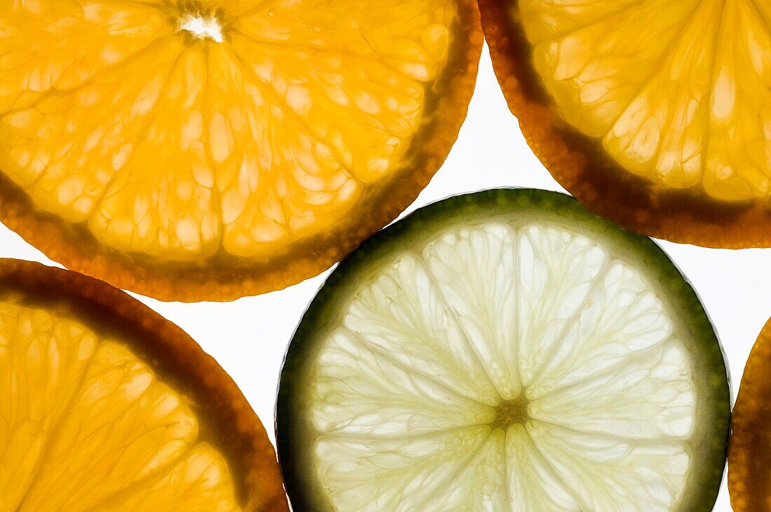 Thin slices of orange lit from behind with one slice of lime