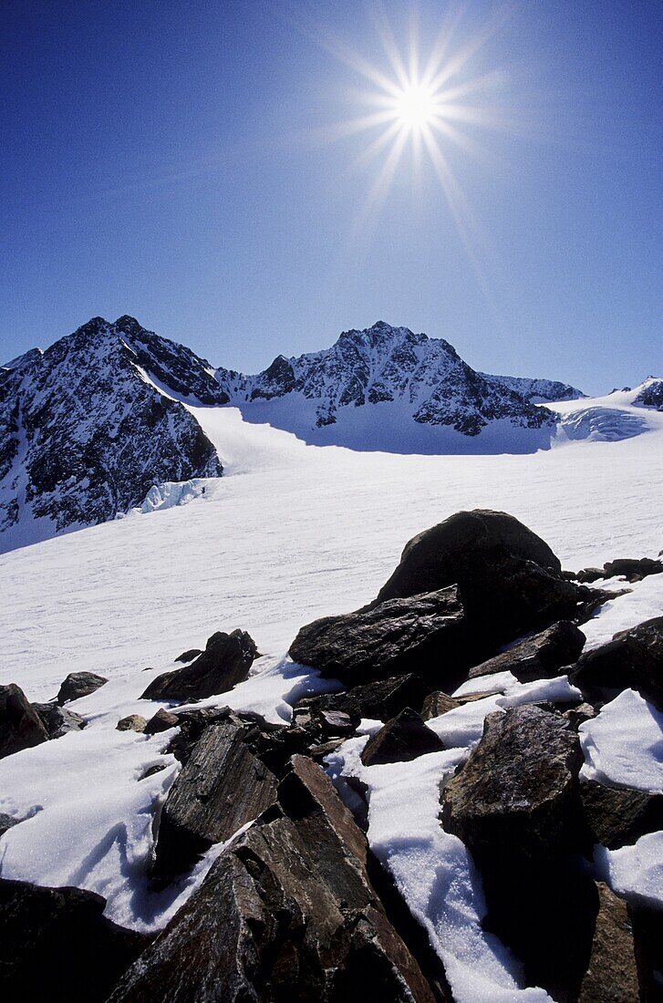 The winter scenery at the Alpeiner Ferner glacier, with majestic Ruderhofspitze, Stubai Alps, Austria