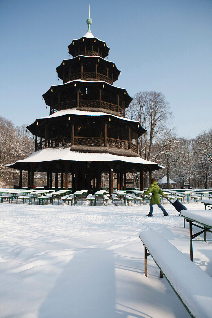 Snow-covered Chinese Tower, English Garden, Munich, Bavaria, Germany