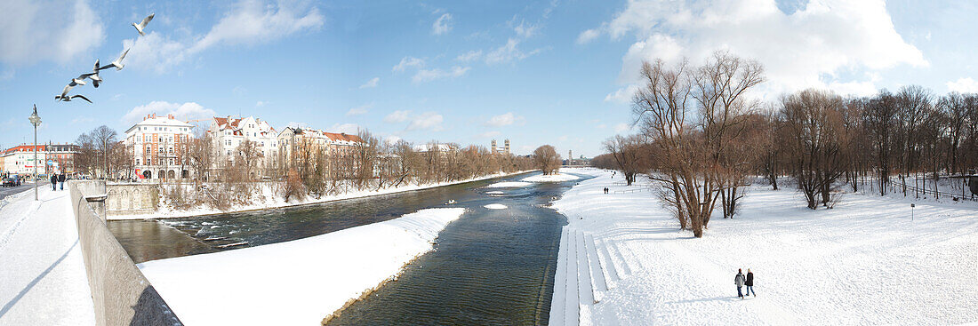 View over river Isar in winter, Munich, Bavaria, Germany