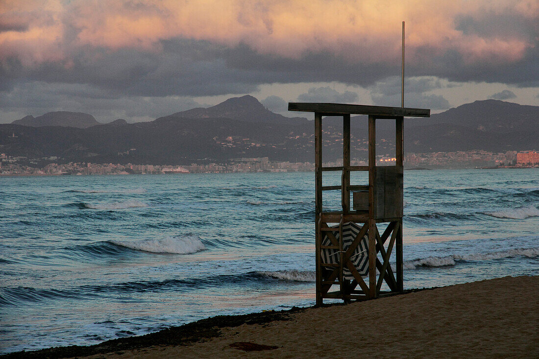 Lifeguard tower in the morning light, Mediterranean Coast, Platja de Palma, Palma de Majorca, Majorca, Spain