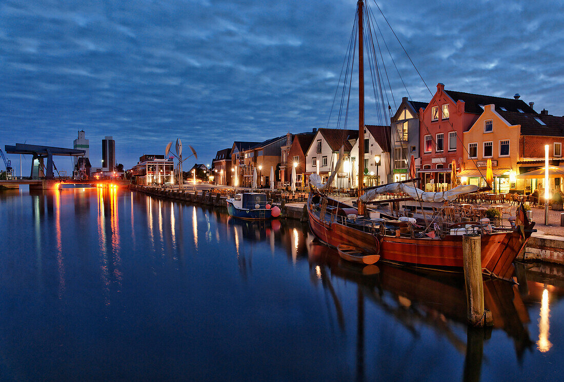 Inland harbour at night, Husum, Schleswig-Holstein, Germany