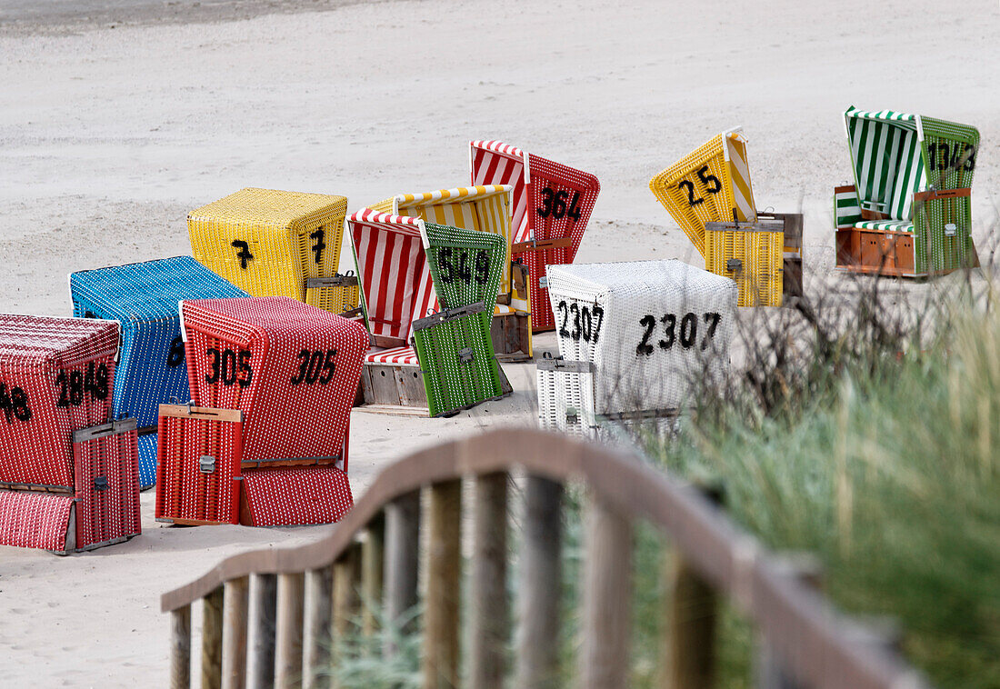 Colourful beach chairs on the beach, North Sea Spa Resort Langeoog, East Frisia, Lower Saxony, Germany