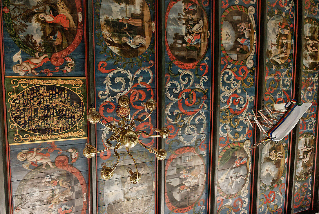 Wooden ceiling of the Hallig Church on the Kirchwarf, Hallig Langeness, North Sea, Schleswig-Holstein, Germany