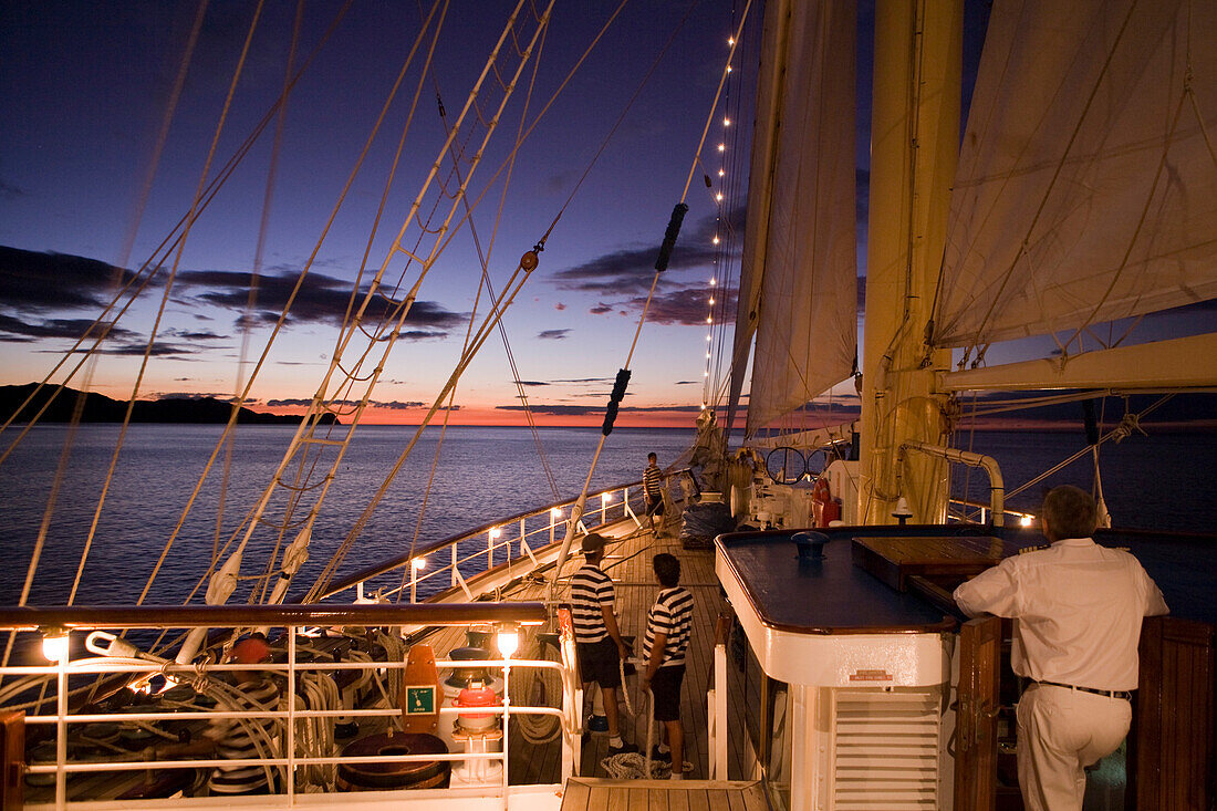 Bridge and bow of sailing cruiseship Star Flyer (Star Clippers Cruises) at dusk, El Coco, Guanacaste, Costa Rica, Central America, America